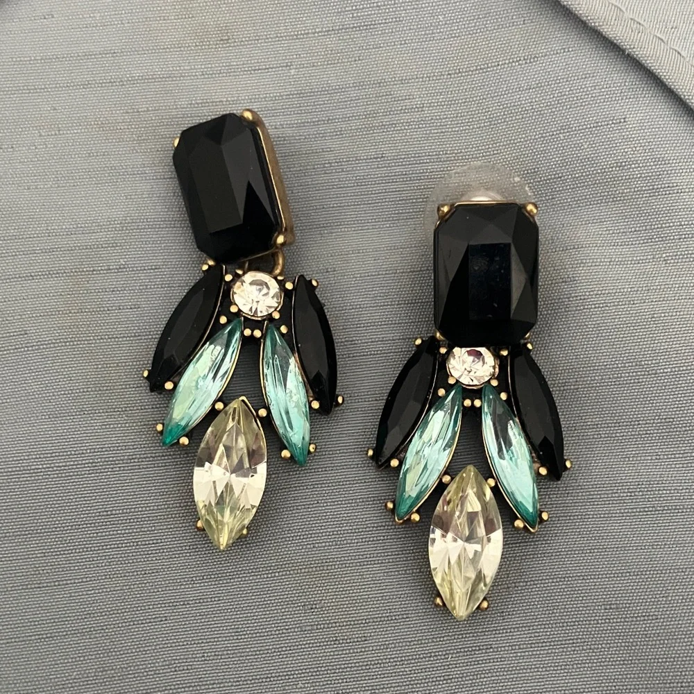 J.Crew Black and Aqua Crystal Glass Statement Earrings - Picture 1 of 5